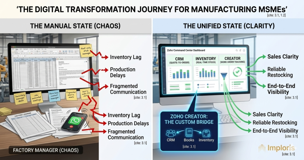 Infographic showing manual manufacturing chaos vs unified Zoho Command Center for MSMEs
