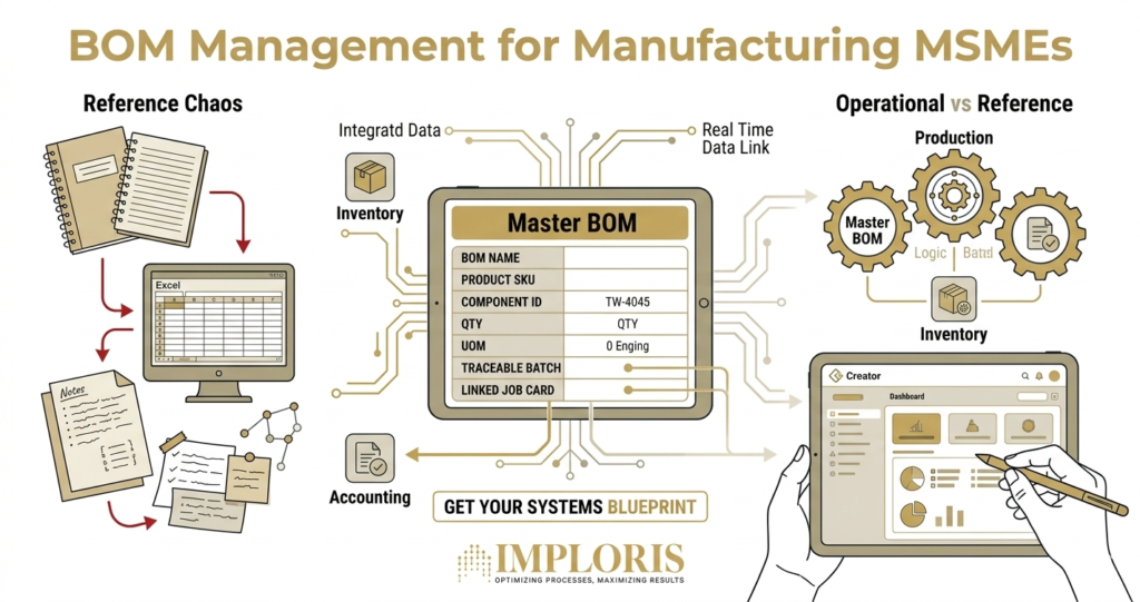 A high-fidelity technical infographic in the Imploris Gold Schematic style, titled 'BOM Management for Manufacturing MSMEs'. The visual maps an interlocking operational ecosystem where a central 'Operational BOM' gear connects with 'Production Execution' and 'Inventory Batch' modules, demonstrating traceability.