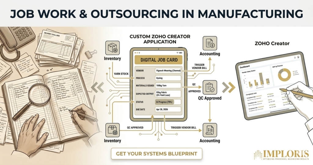 A technical schematic illustrating the transition from manual job work ledgers and delivery challans to a digital, real-time Zoho Creator systems blueprint for manufacturing MSMEs.