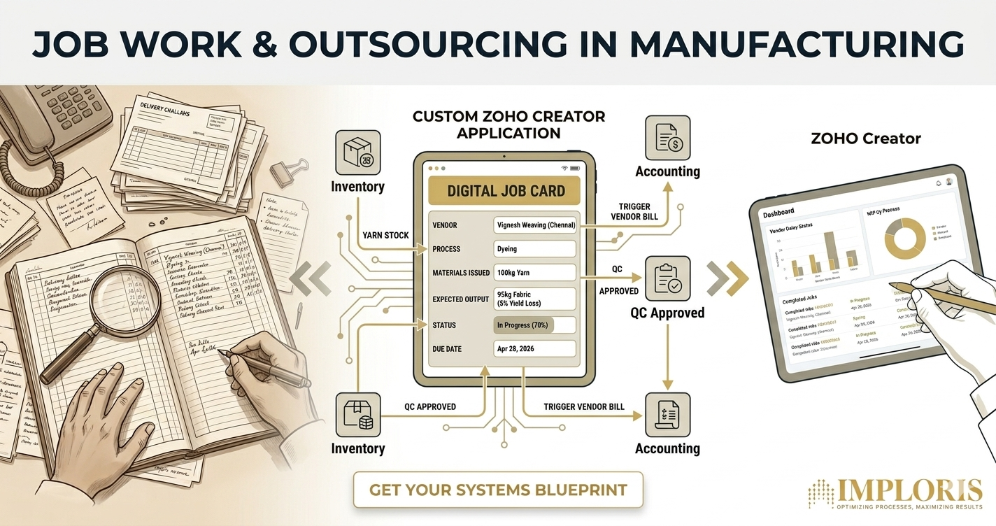 A technical schematic illustrating the transition from manual job work ledgers and delivery challans to a digital, real-time Zoho Creator systems blueprint for manufacturing MSMEs.