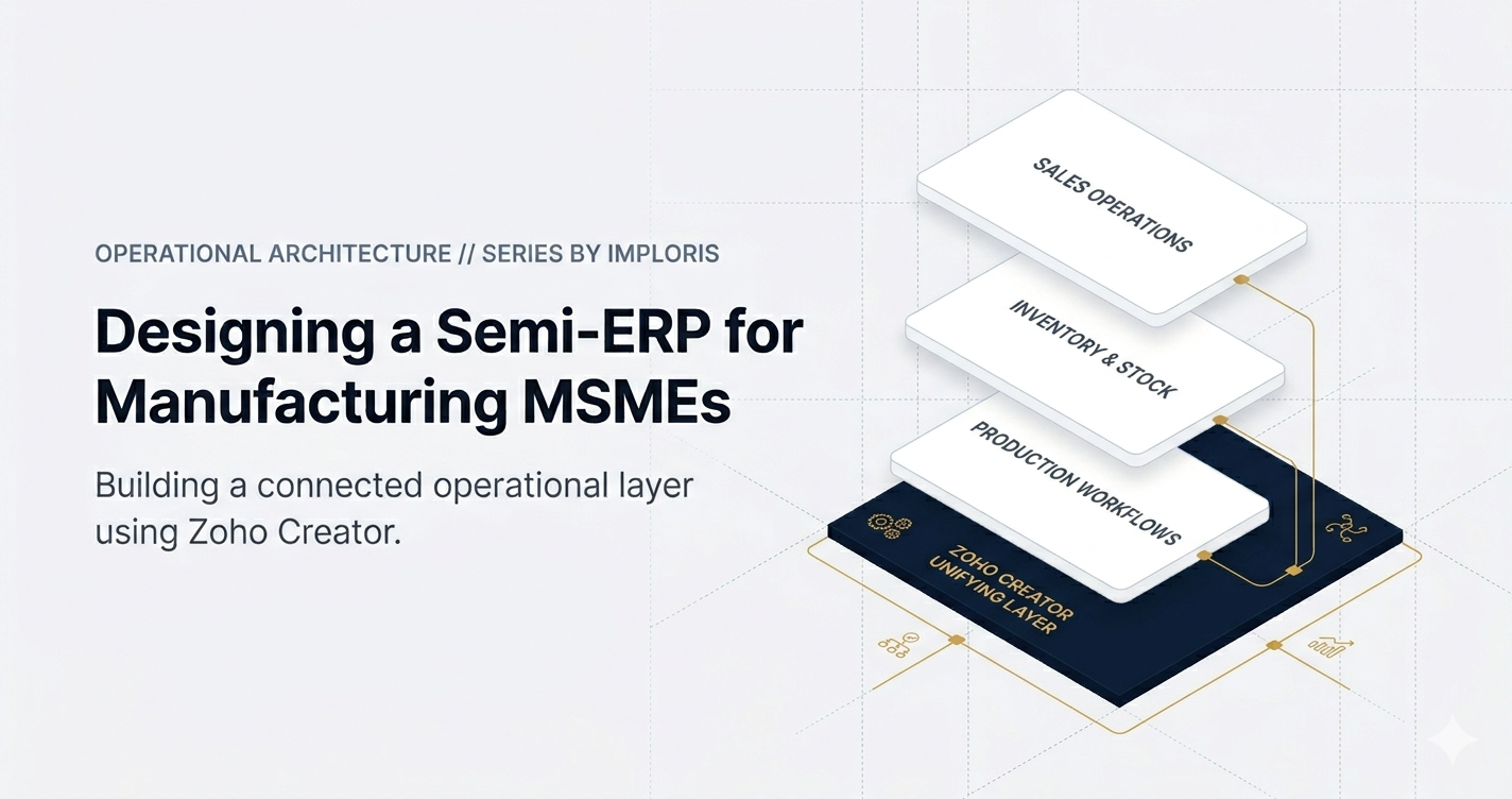 Symmetrical enterprise systems architecture diagram showing custom manufacturing workflows unified on a low-code software platform layer by Imploris.