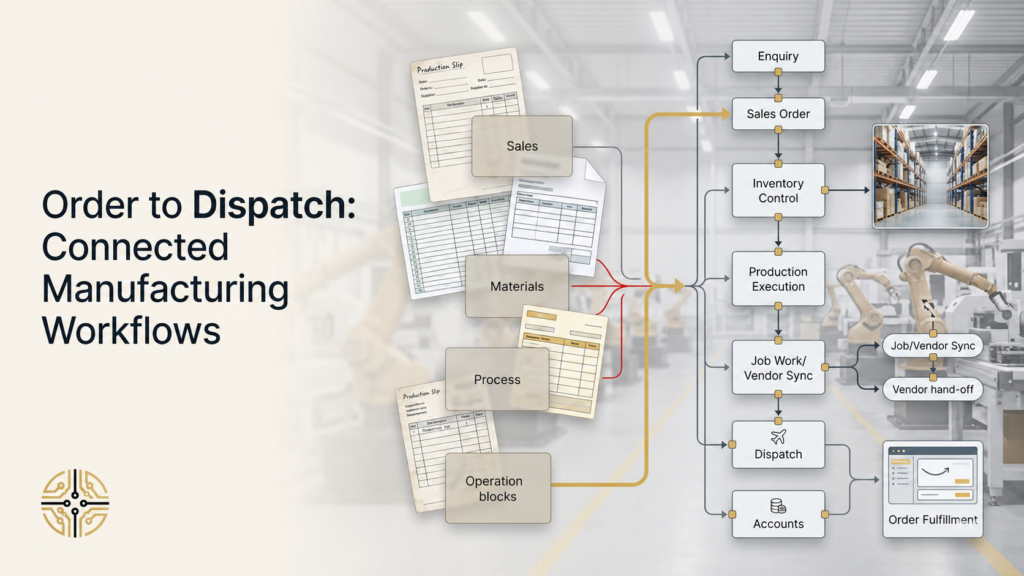 A structural diagram visualizing how disconnected manufacturing operations like Sales Orders, Excel sheets, and Dispatch are transformed into a streamlined, connected workflow using the Imploris systems architecture.