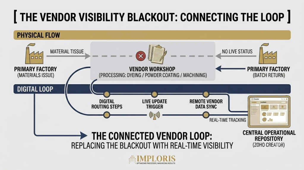 n engineering workflow diagram illustrating the data loop for subcontracting and vendor job work tracking. The top track shows physical materials leaving the primary factory for processing, while a dark navy loop shows live digital routing updates syncing back to a centralized repository instead of a manual clipboard blackout.