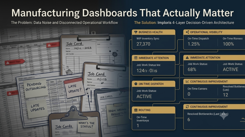 Modular manufacturing dashboard showing business health, operational visibility, and WIP tracking metrics