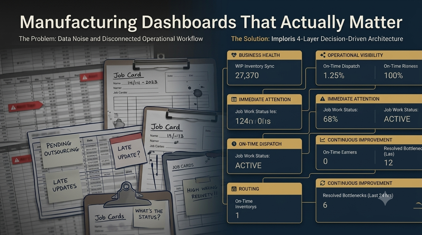Modular manufacturing dashboard showing business health, operational visibility, and WIP tracking metrics