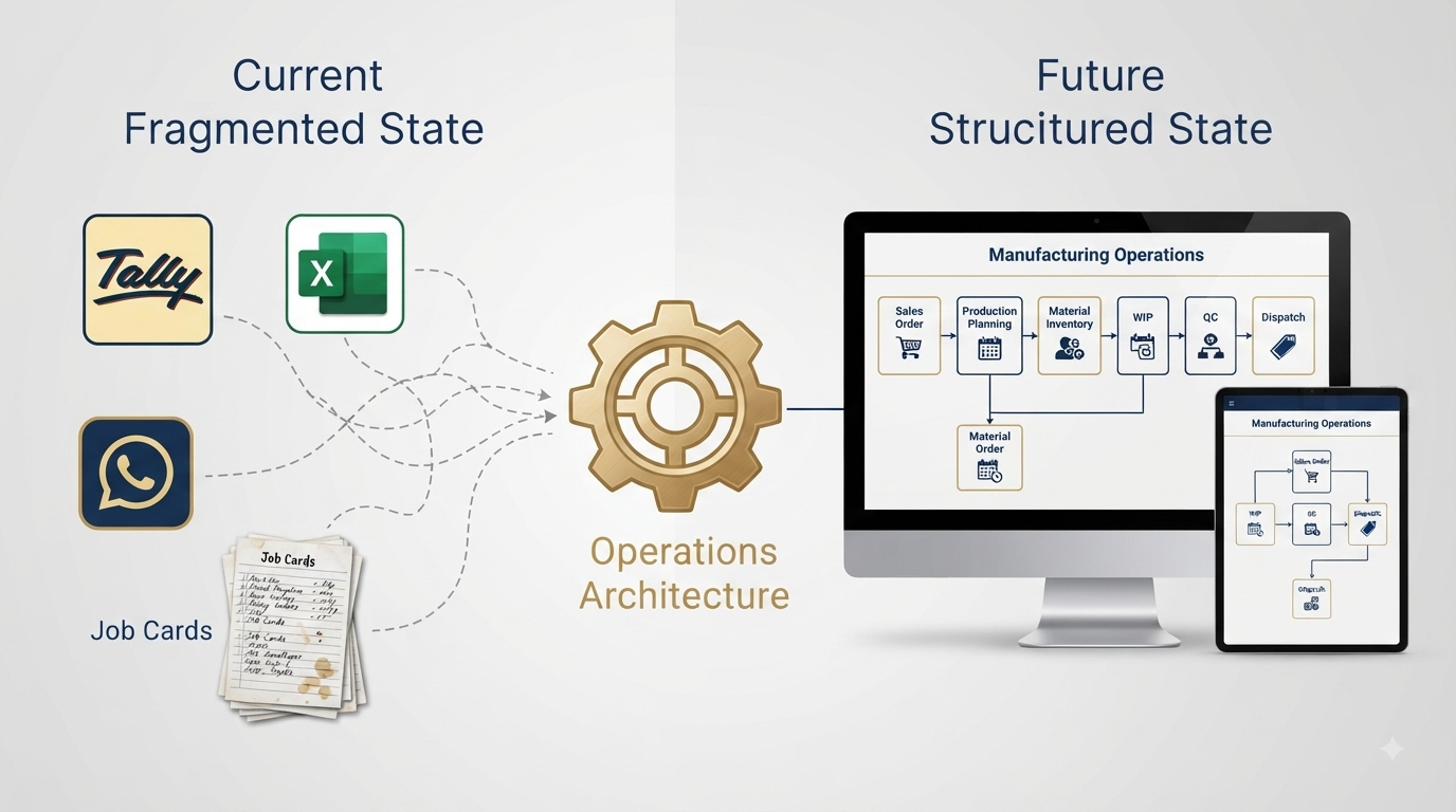 Infographic comparing fragmented manufacturing data sources like Tally, Excel, and WhatsApp to a structured digital manufacturing operations system.