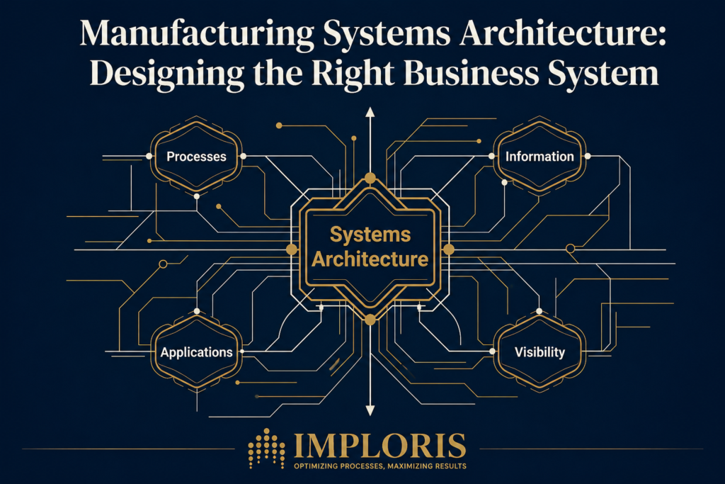 Technical schematic and structural blueprint showing Systems Architecture connected to processes, information, applications, and visibility nodes on a navy background.