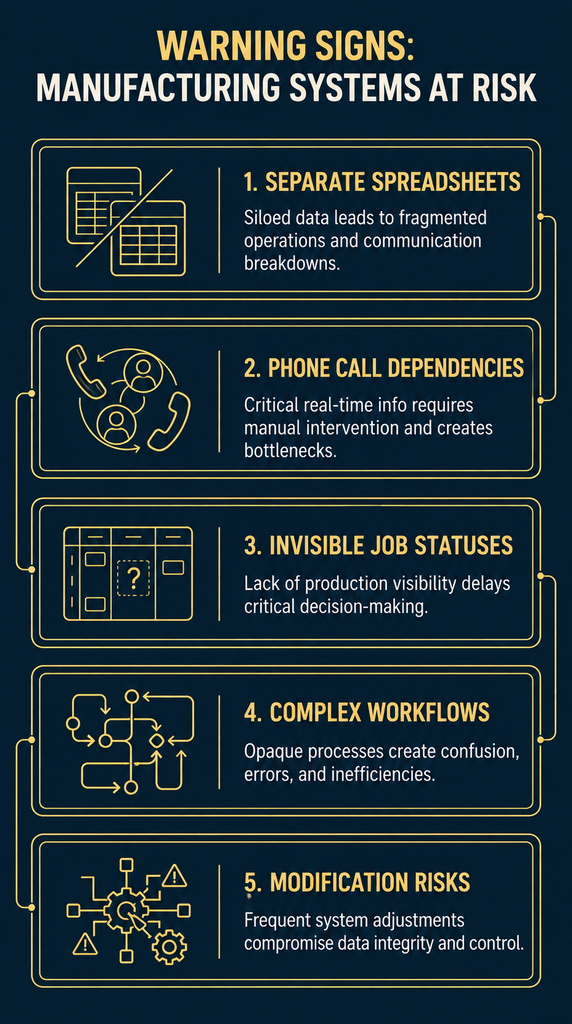 A vertical 5-step infographic on a deep navy background outlining warning signs that an ERP is no longer sufficient for manufacturing operations.